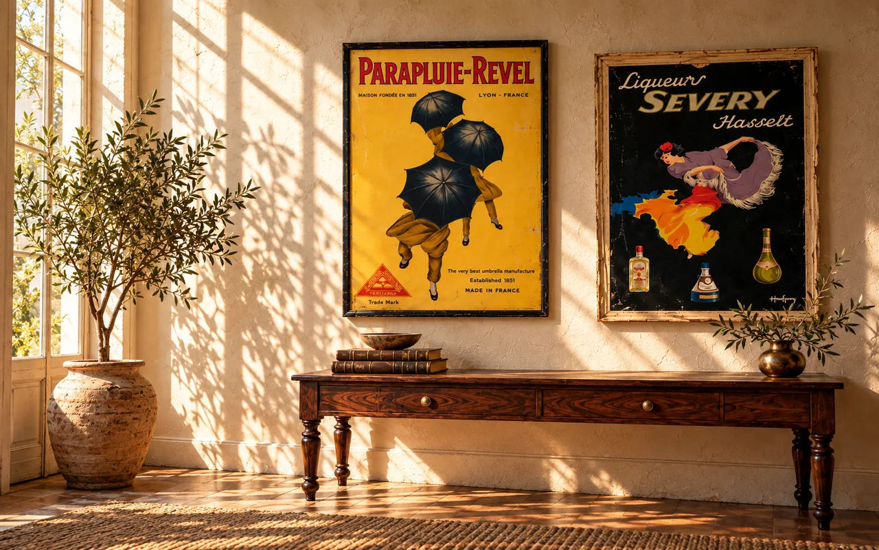 Affiches anciennes Parapluie-Revel et Liqueurs Severy exposées au-dessus d’une console