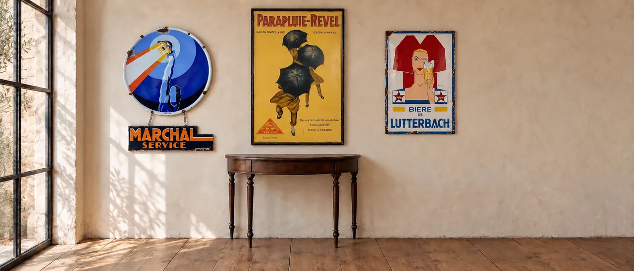 Plaque émaillée Marchal, affiche Parapluie-Revel et plaque Bière de Lutterbach au-dessus d’une console ancienne
