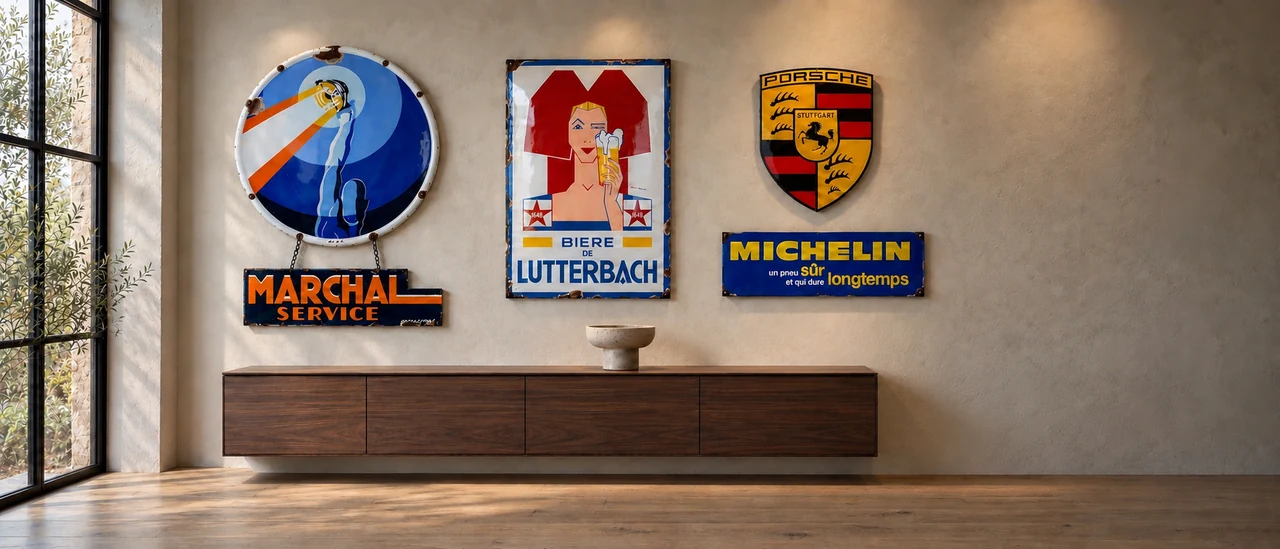 Plaques émaillées Marchal, Bière de Lutterbach, Porsche et Michelin exposées dans un salon